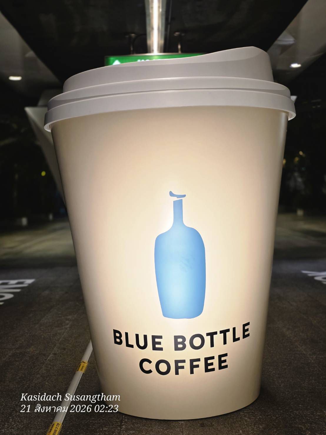 Blue Bottle cup sculpture up close
