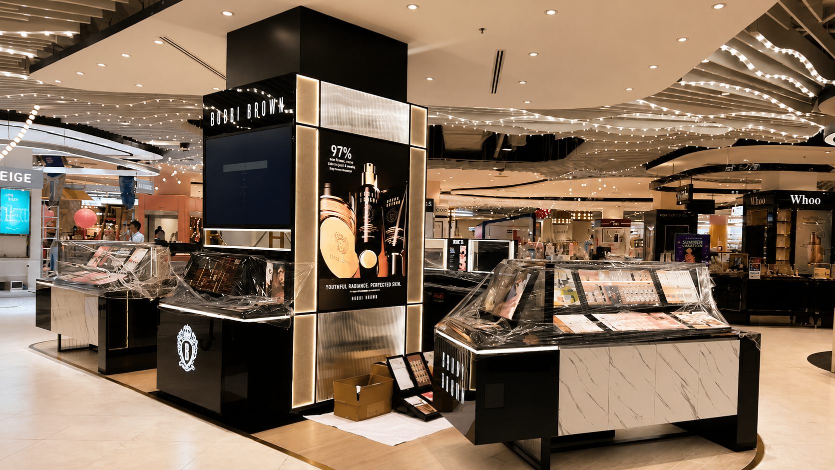 Marble-top counters with brand tower