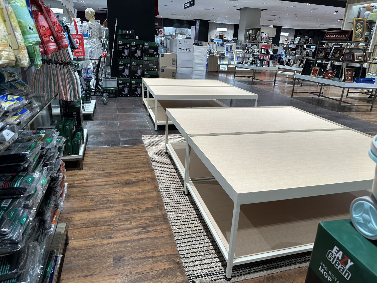 Tiered display tables in place on the sales floor