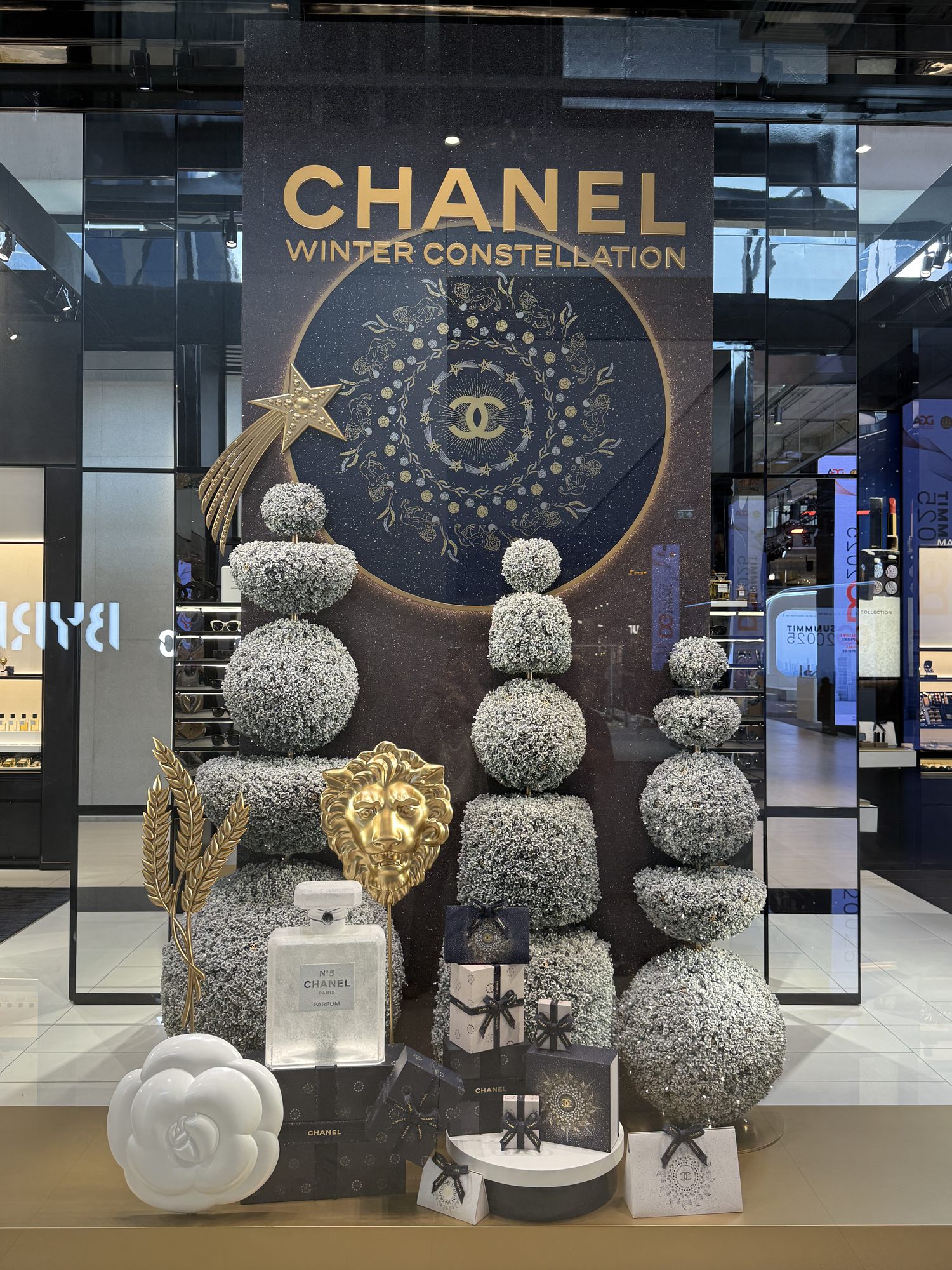 Winter Constellation holiday window in navy and gold