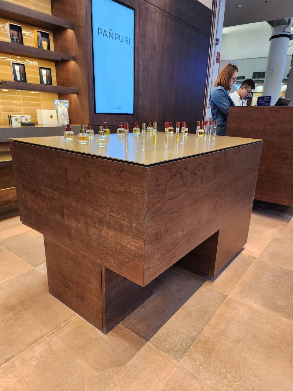 Timber island table with product spots
